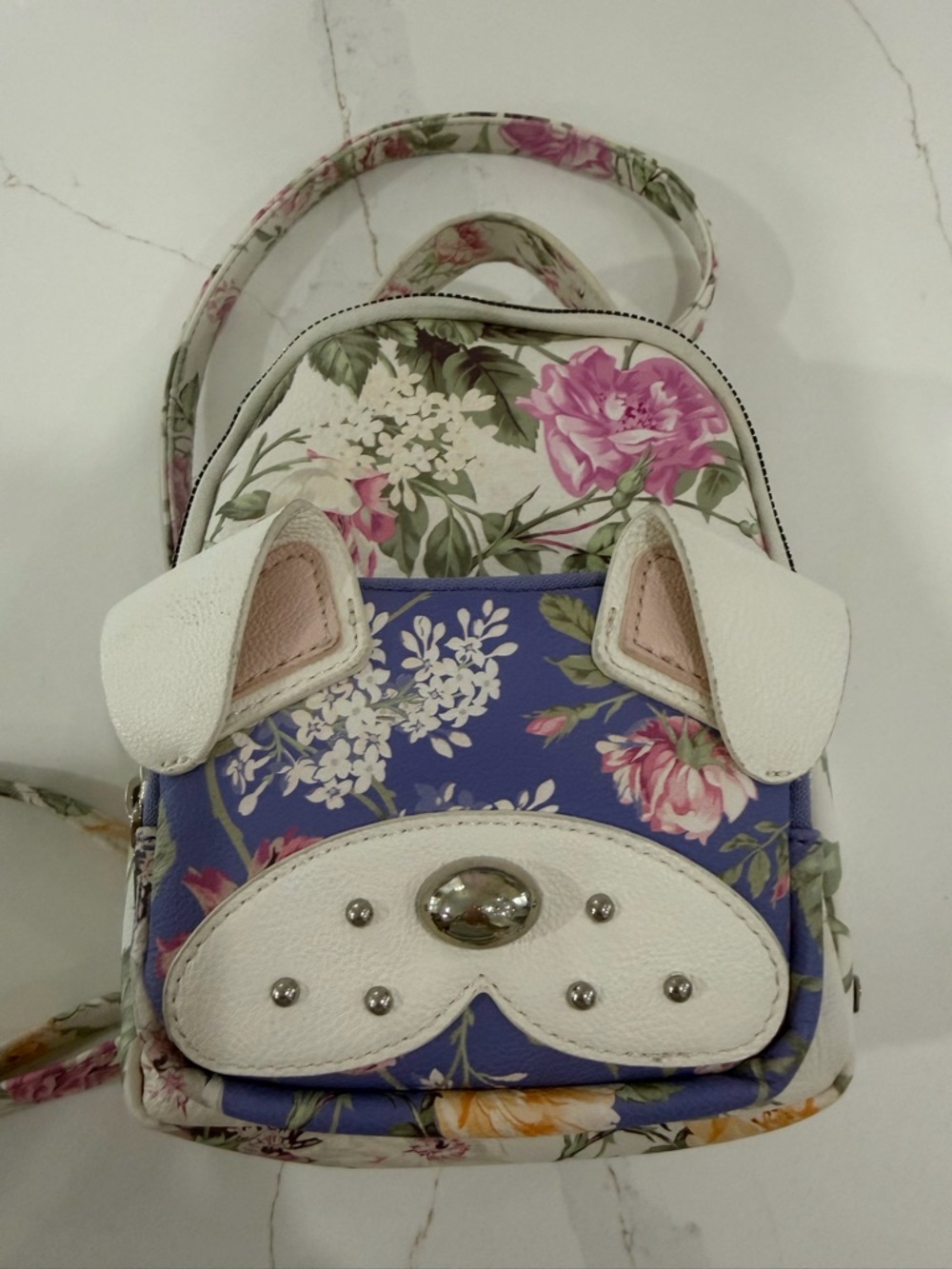 Betsy Johnson Floral Puppy Accent Mini Backpack - Purple & Cream